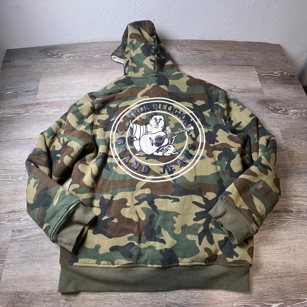 True Religion Hoodie Mens Camo Sherpa Lined Buddha Graphic Full Zip Jacket